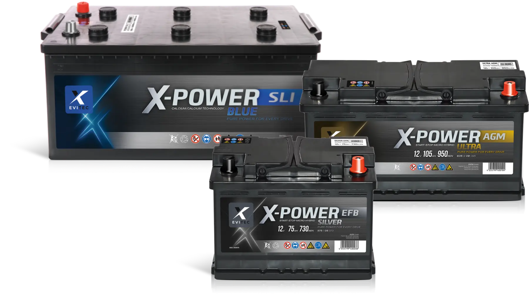 Drei Evitec X-Power Starterbatterien: Blue SLI, Silver EFB und Ultra AGM